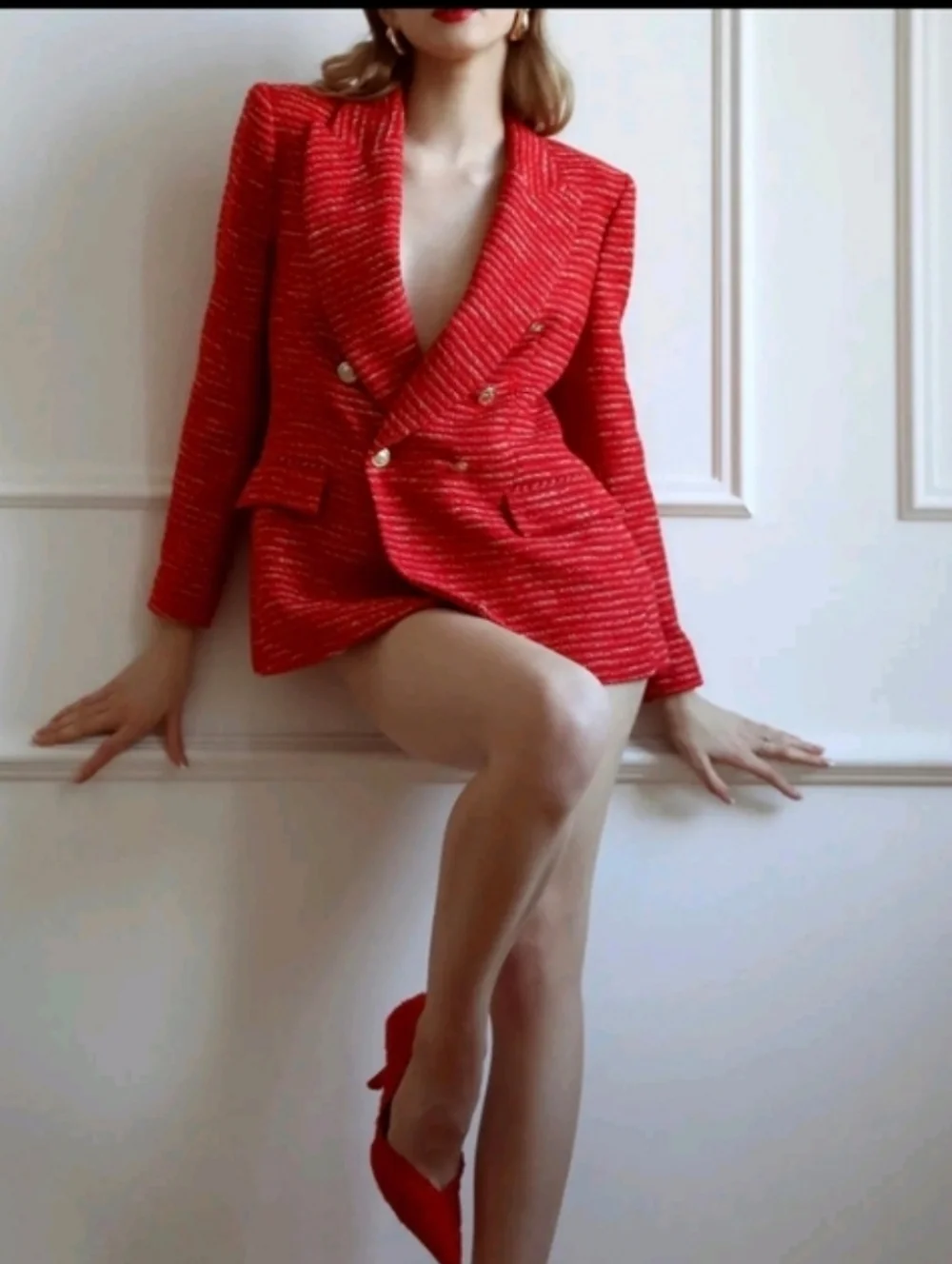 Zara * Textured Tweed Double Breasted Blazer Red Size XS